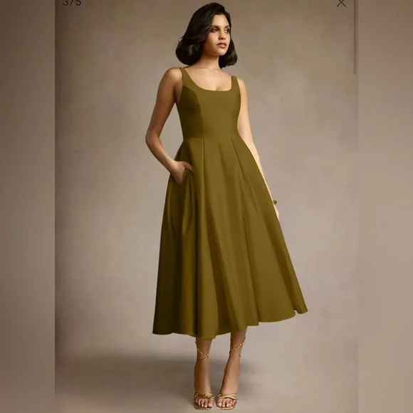 NEW WITH TAGS! AZAZIE OLIVIA MOSS GREEN PLEATED MIDI DRESS - Picture 3 of 5